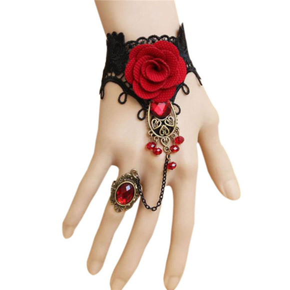 Jewelry - Gothic Style Lace Red Rose Bracelet with Ring